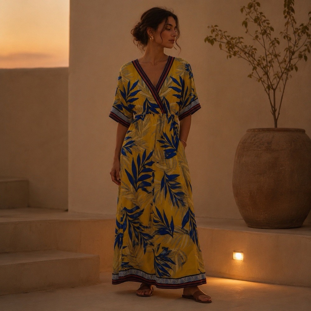 Anthropologie Floral Tropical Maxi Dress Yellow Kimono Flying Tomato Resort